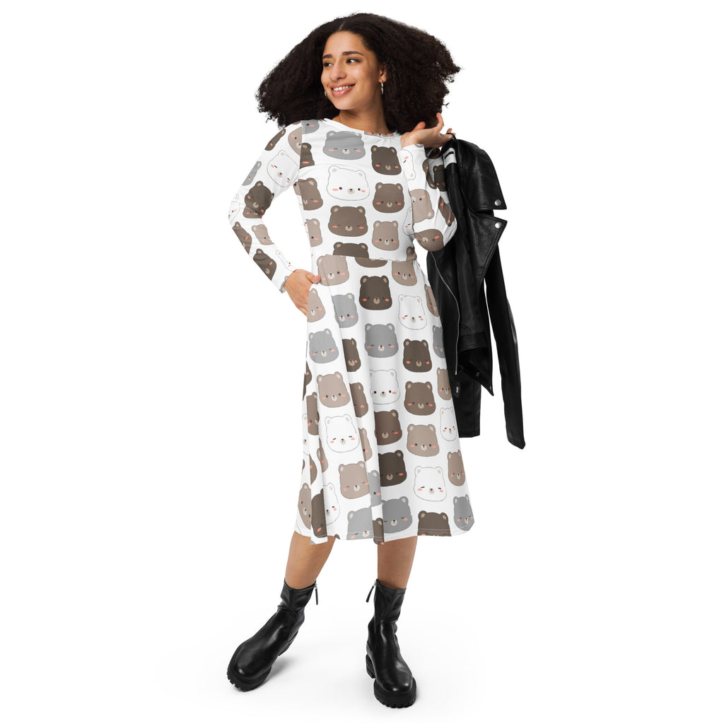 Women’s white midi dress with long sleeves featuring cute brown gray and beige cartoon bear prints and pockets