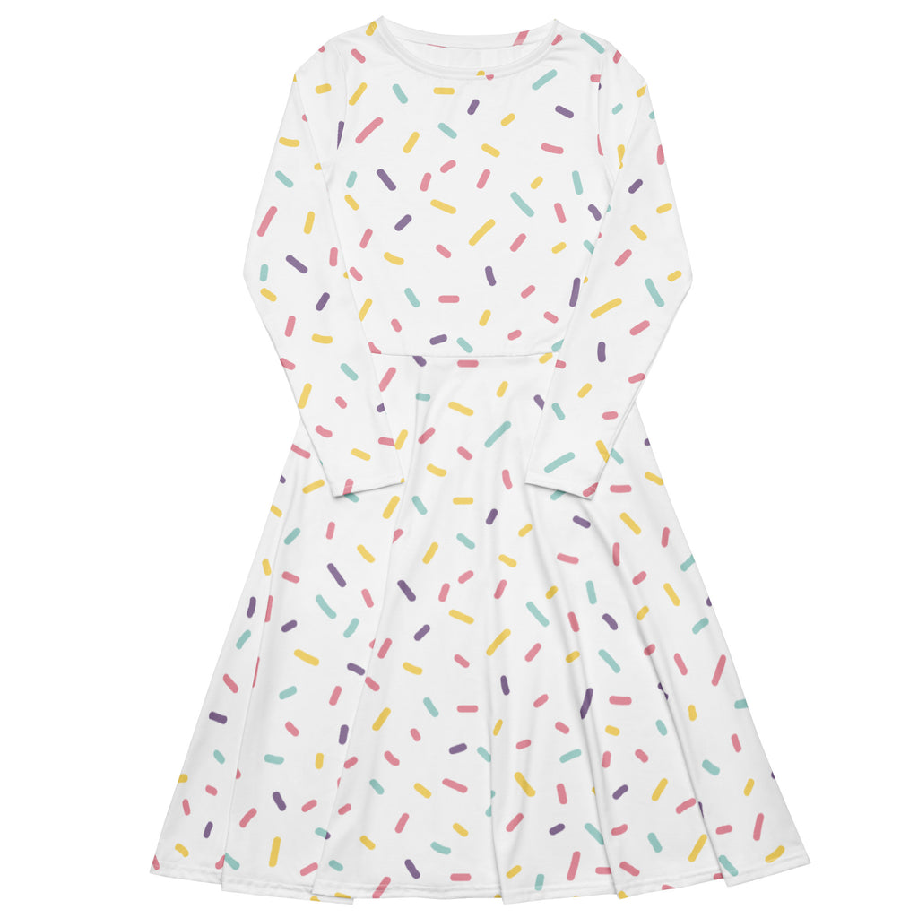 White long sleeve midi dress with colorful pastel sprinkle stripes and pockets for women