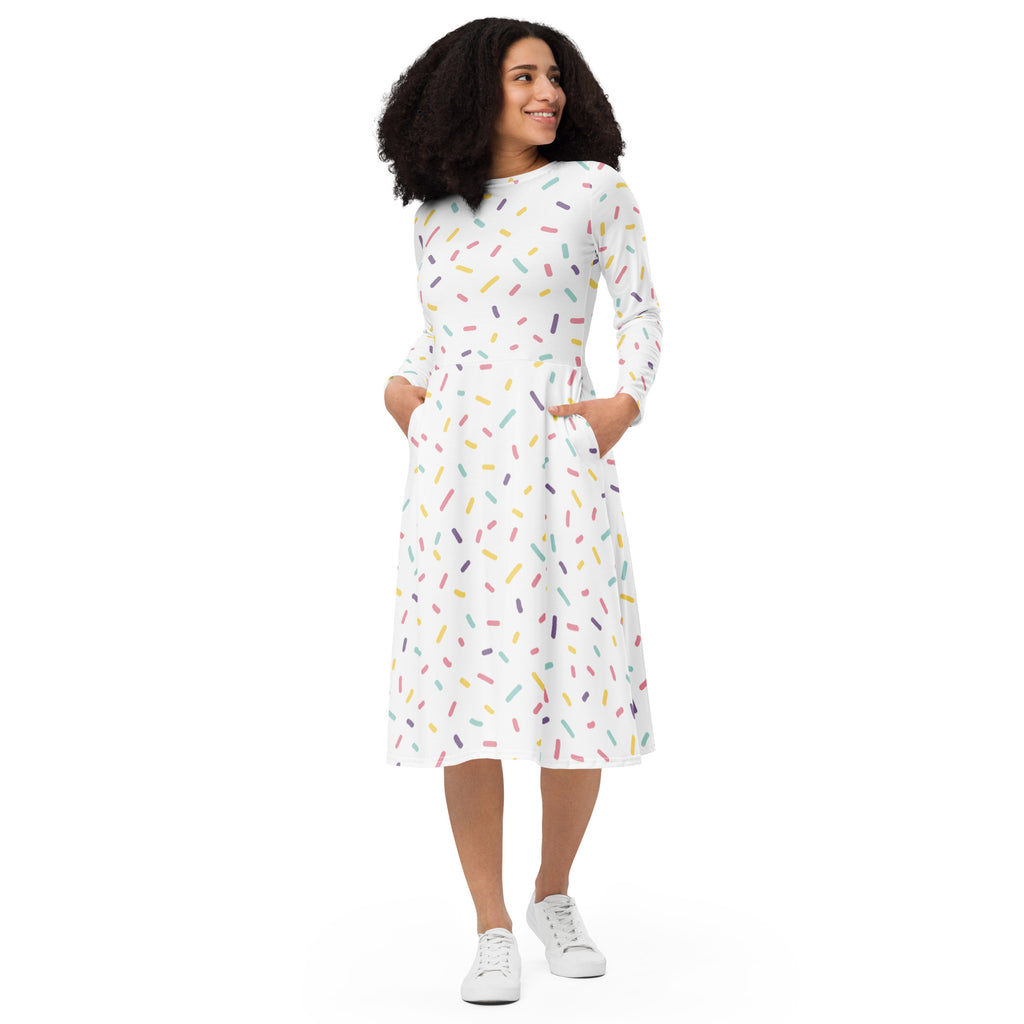 Women’s white long sleeve midi dress with colorful sprinkles pattern and pockets perfect for casual wear