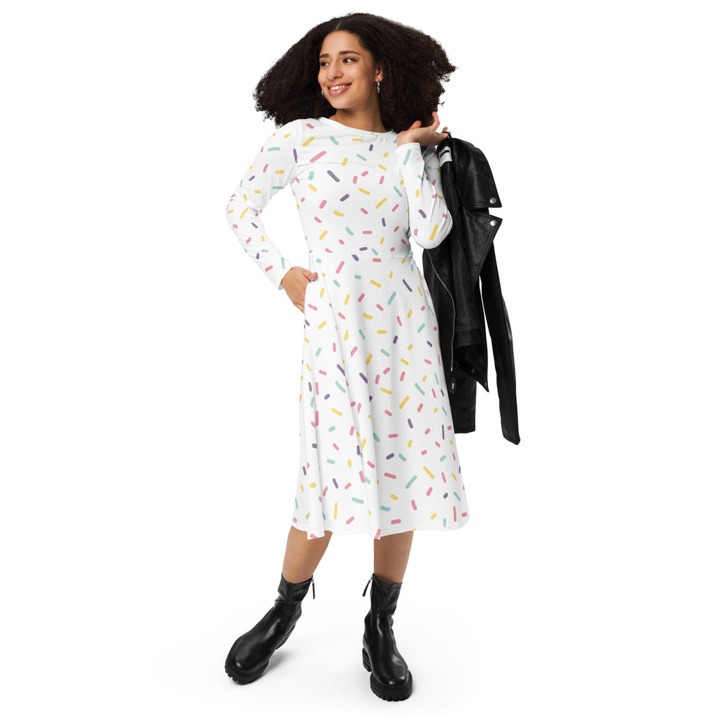 White long sleeve midi dress with colorful sprinkles pattern and pockets for women casual wear