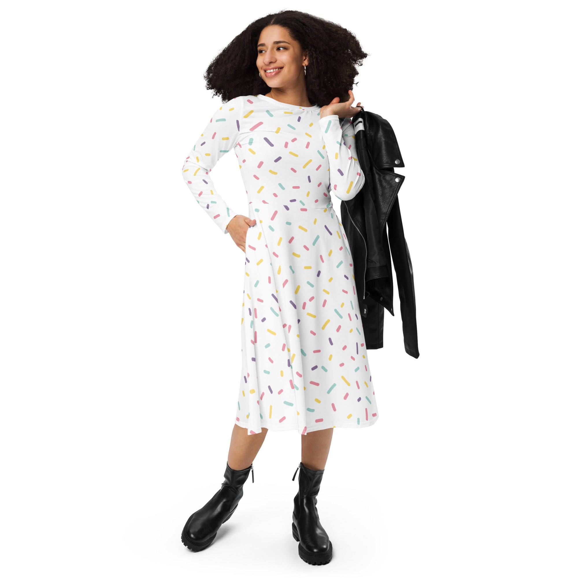 White long sleeve midi dress with colorful sprinkles pattern and pockets for women casual wear