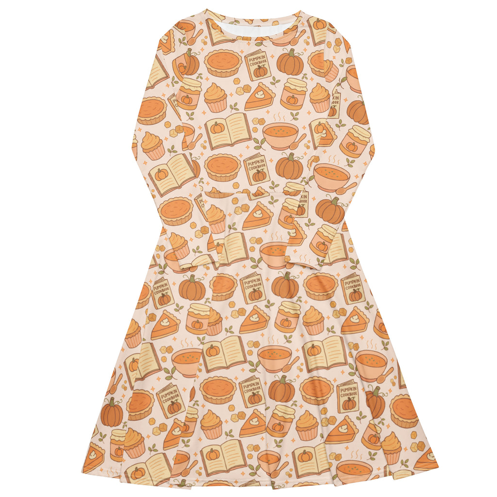 Women’s pumpkin pie themed long sleeve midi dress in soft cream with illustrated pumpkins pies books and pockets