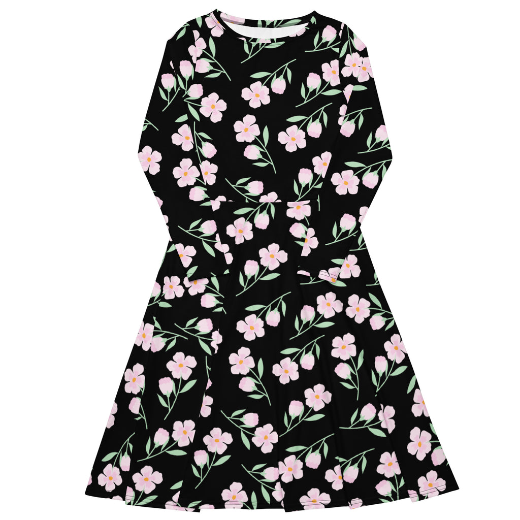 Women’s black floral long sleeve midi dress with pockets featuring pink blossoms and green stems all over print