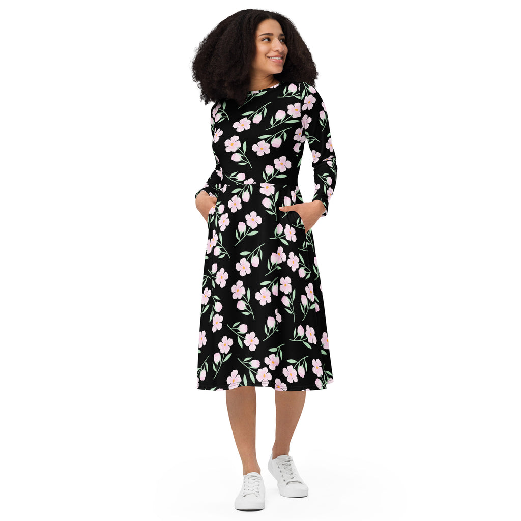Women’s black floral long sleeve midi dress with fitted waist pink blossoms and green stems with pockets
