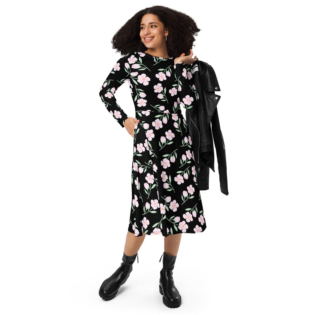Women’s black midi dress with pink floral pattern long sleeves and pockets perfect for casual wear