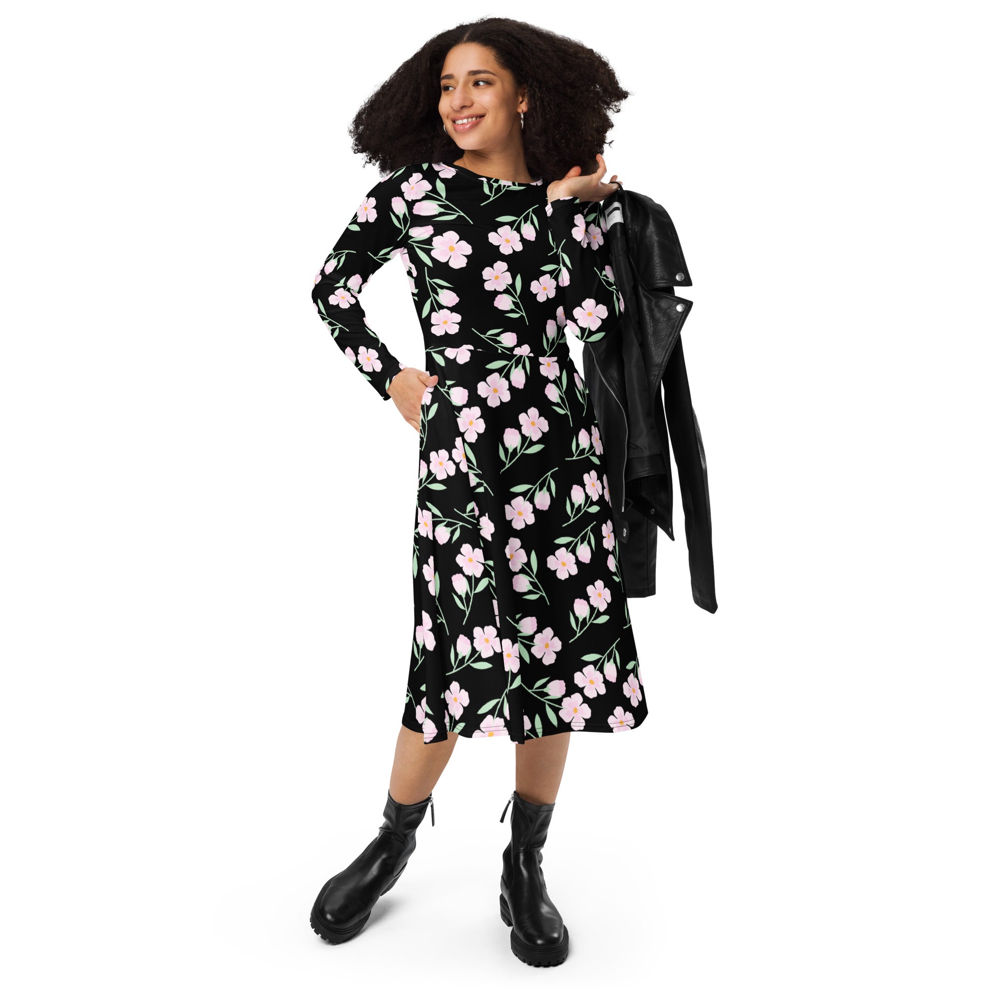 Women’s black midi dress with pink floral pattern long sleeves and pockets perfect for casual wear