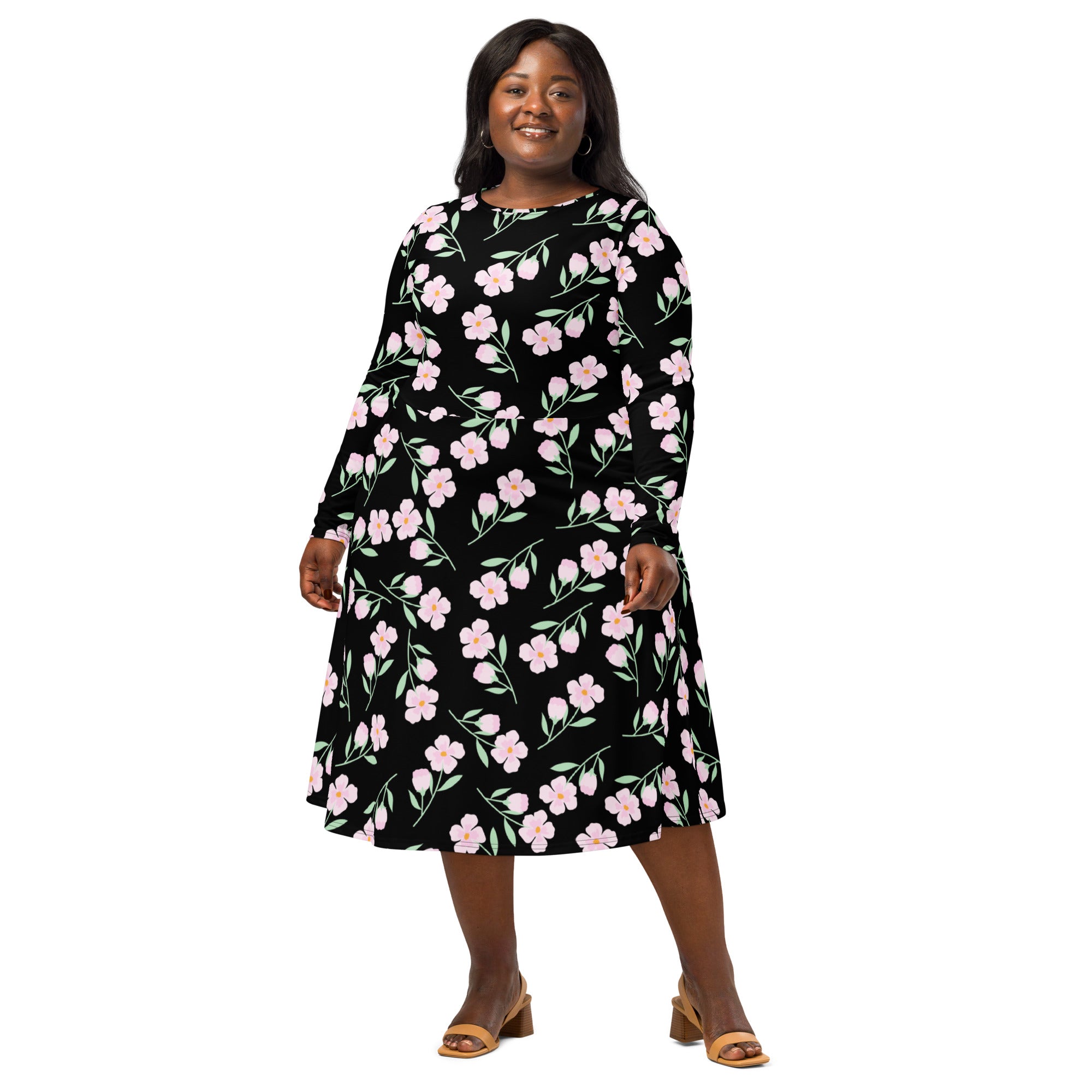 Women black floral long sleeve midi dress with flared skirt and pockets perfect for casual or semi-formal wear