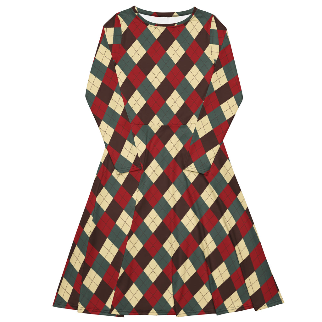 Women’s Christmas argyle long sleeve midi dress with pockets featuring red dark green and cream diamond pattern