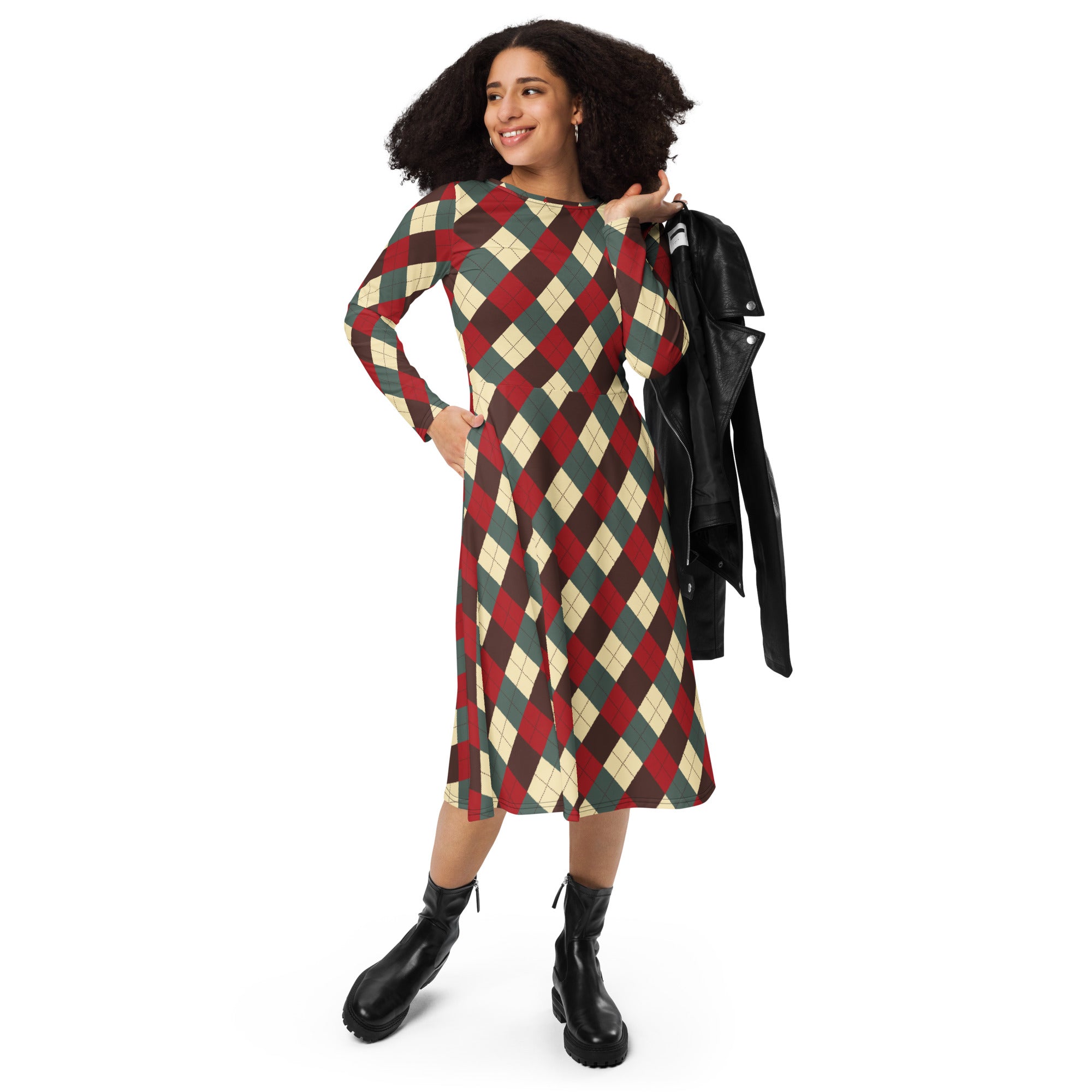 A woman wears a women’s Christmas argyle long sleeve midi dress with pockets in red green and cream colors