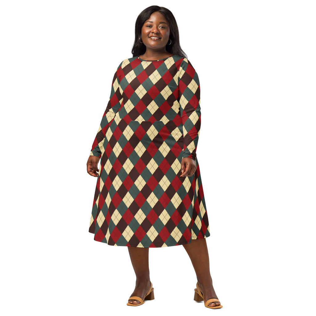 A plus-size woman wearing a women’s christmas argyle long sleeve midi dress with pockets in red green and cream colors