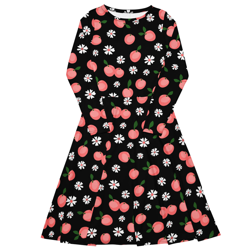 Women’s black long sleeve midi dress with pink apple and white daisy pattern and pockets perfect for casual wear
