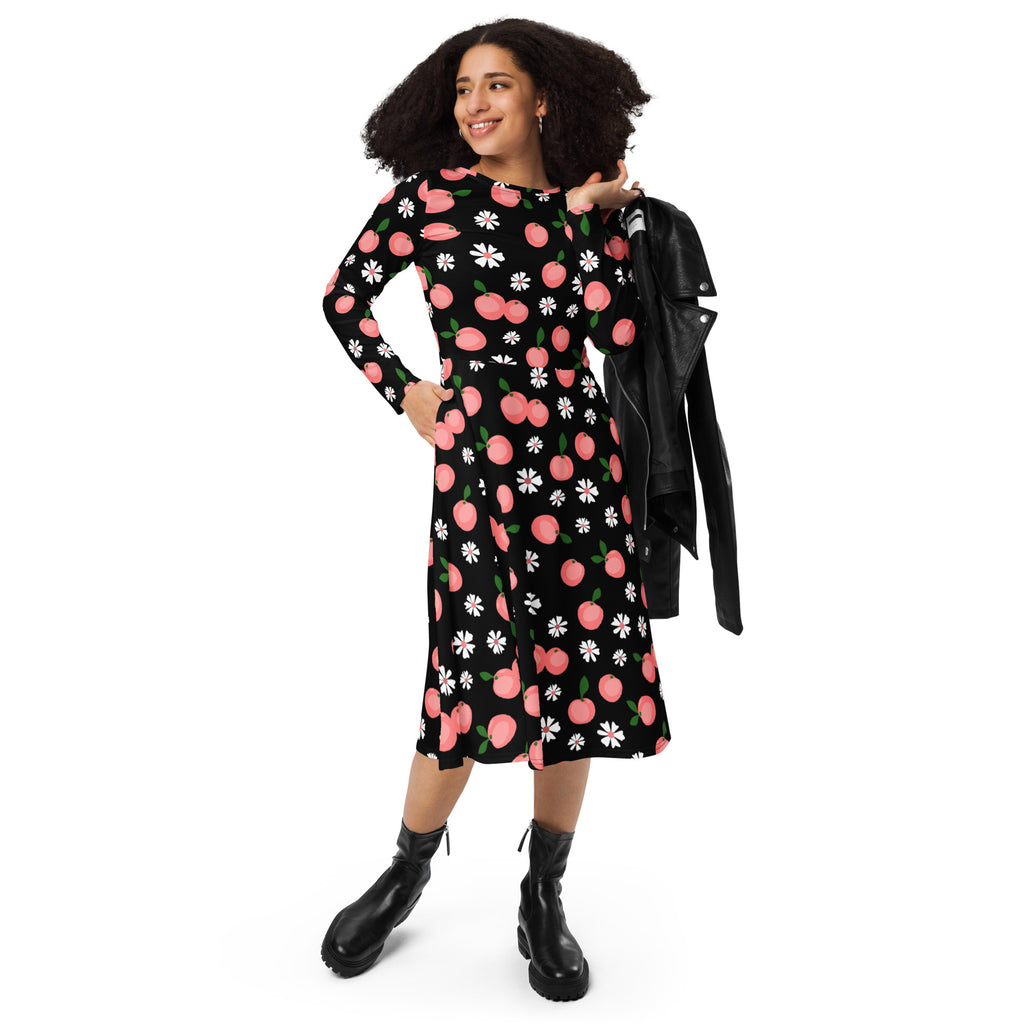 Black midi dress with long sleeves featuring pink peaches and white daisies with pockets for women