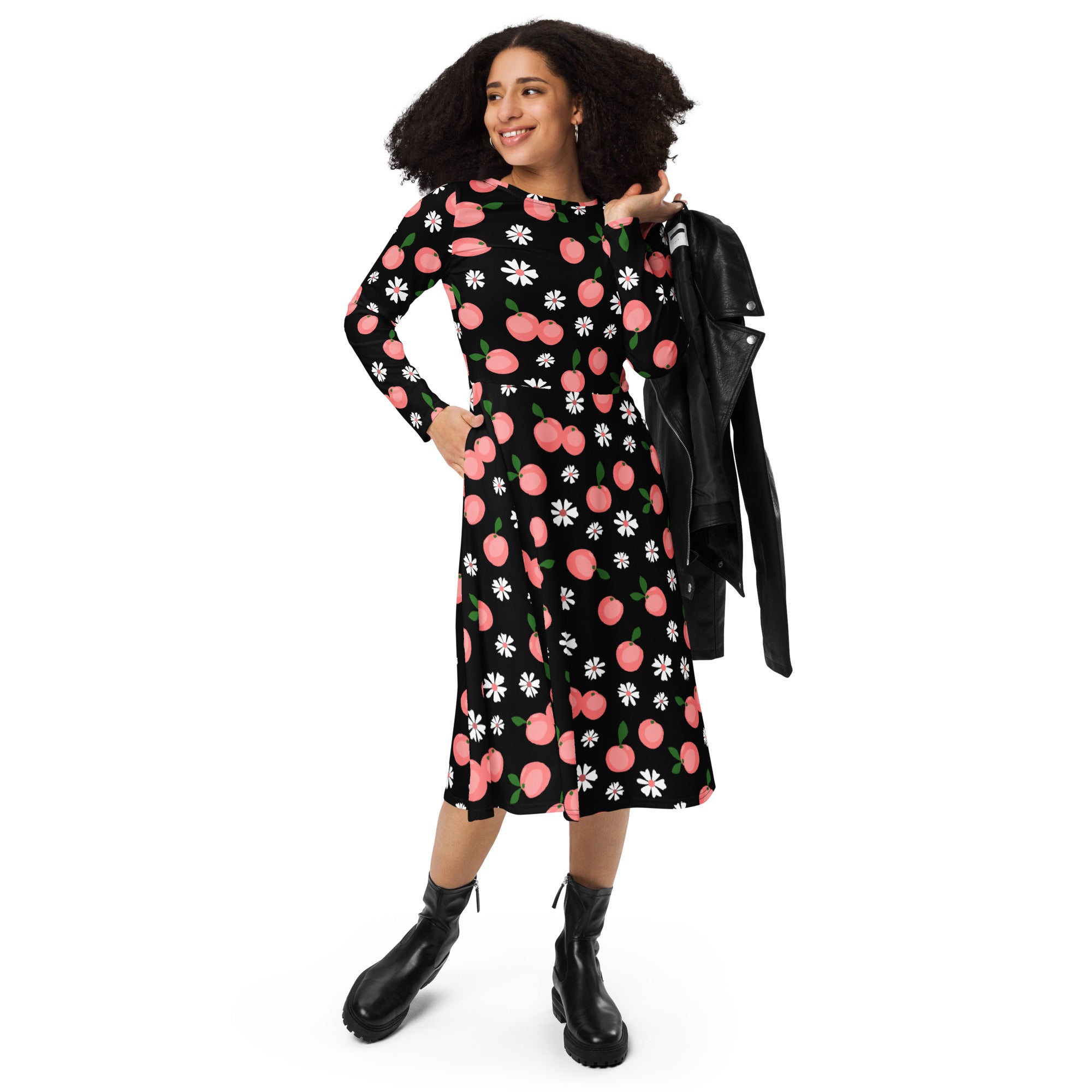 Black midi dress with long sleeves featuring pink peaches and white daisies with pockets for women
