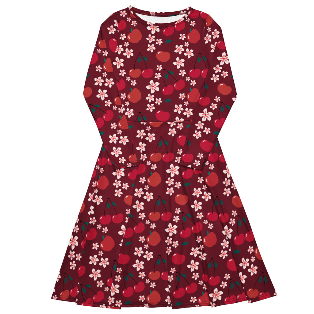 A maroon long sleeve midi dress with a playful cherry and pink blossom pattern and convenient pockets for women