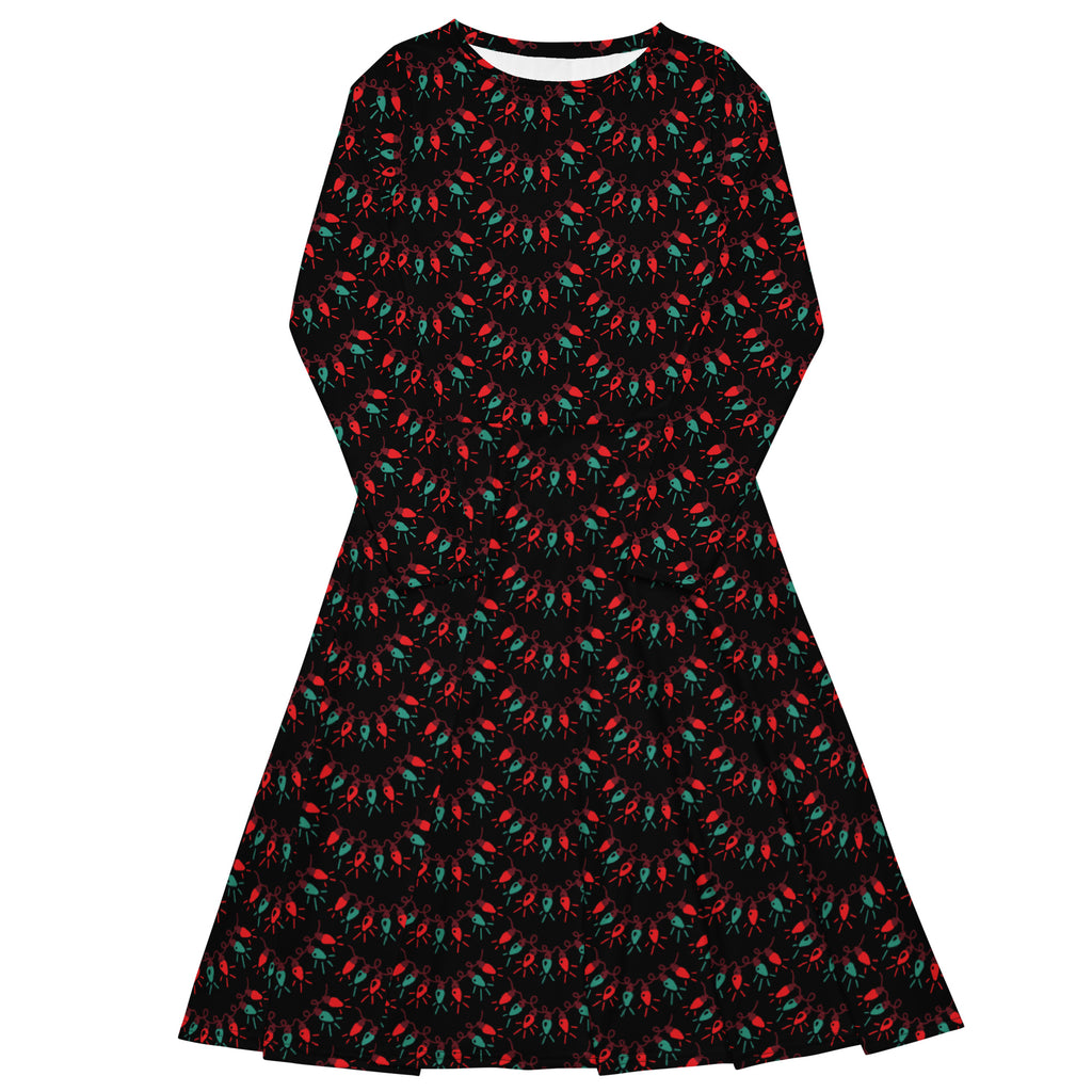 Black sleeveless a-line dress with red and teal stylized bird pattern for women’s festive wear
