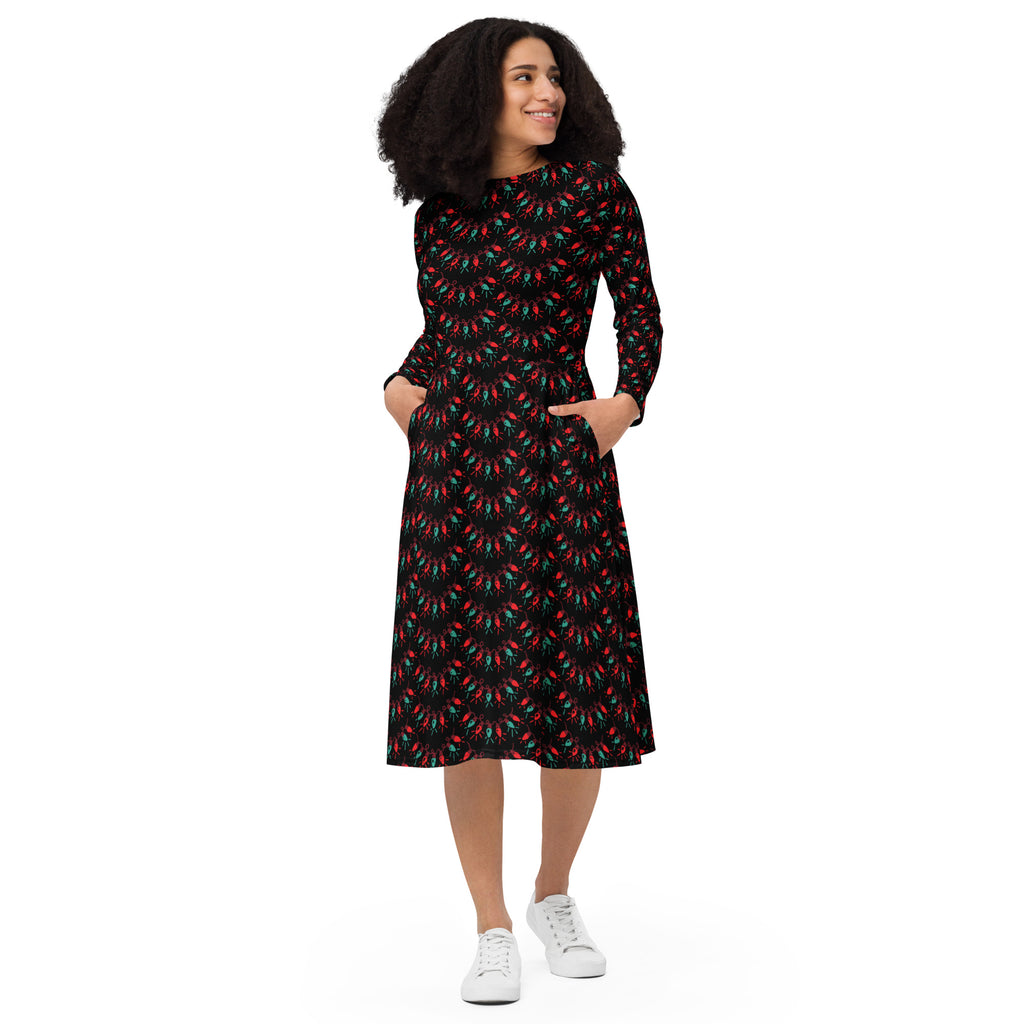 Women’s christmas lights long sleeve black midi dress with red and green chili pepper pattern and side pockets