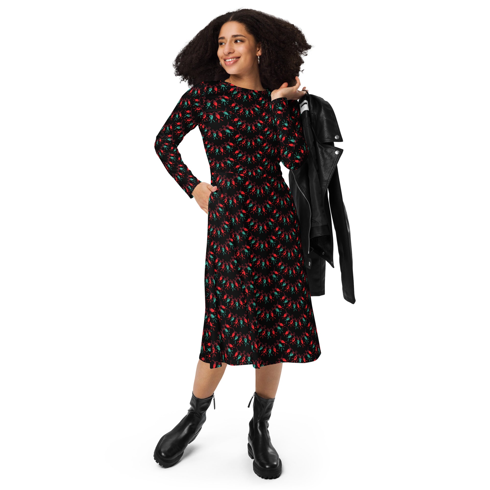 Black midi dress with long sleeves and pockets featuring a vibrant red and green chili pepper pattern for women