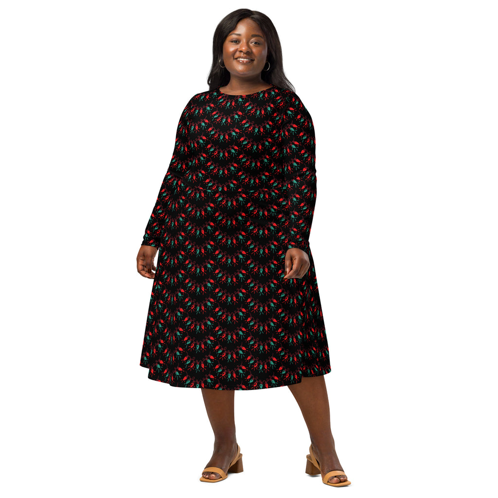 Black plus-size midi dress with long sleeves vibrant red and green abstract pattern a-line silhouette and pockets