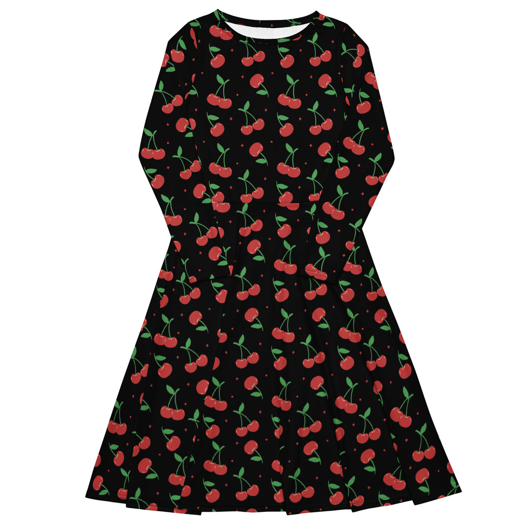 Black cherry print a-line midi dress with long sleeves round neckline and pockets for women