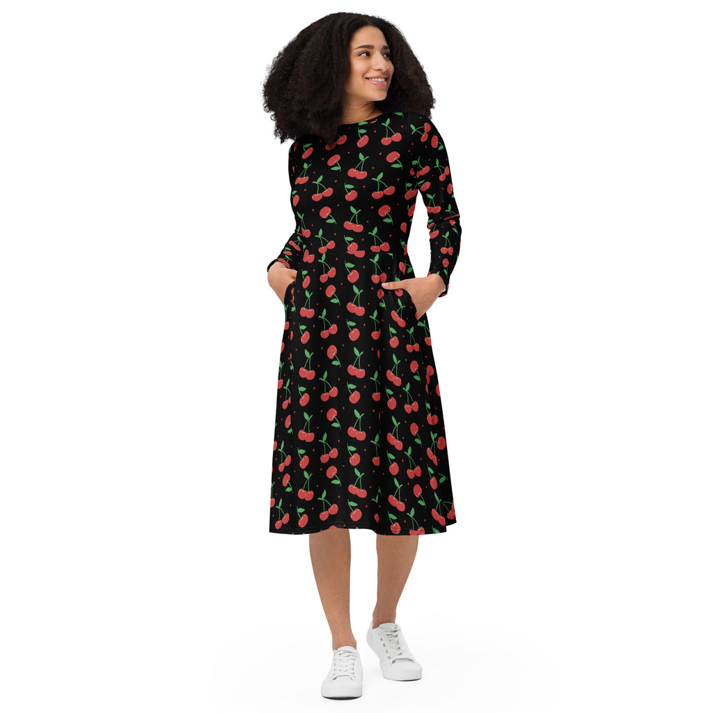 Black cherry-print long sleeve midi dress for women with front pockets and a flattering fit