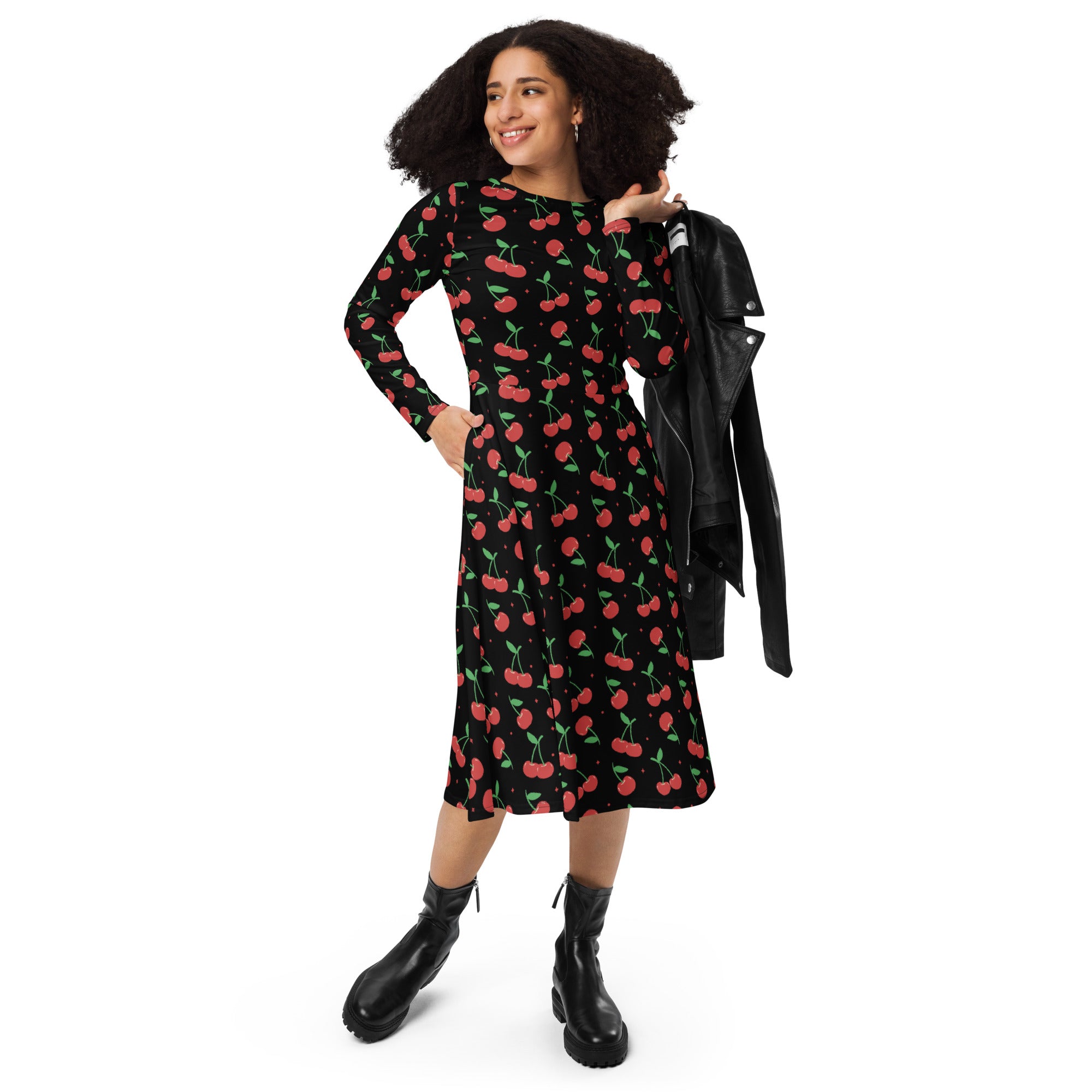 Black cherry-print long sleeve midi dress with round neckline and pockets for women