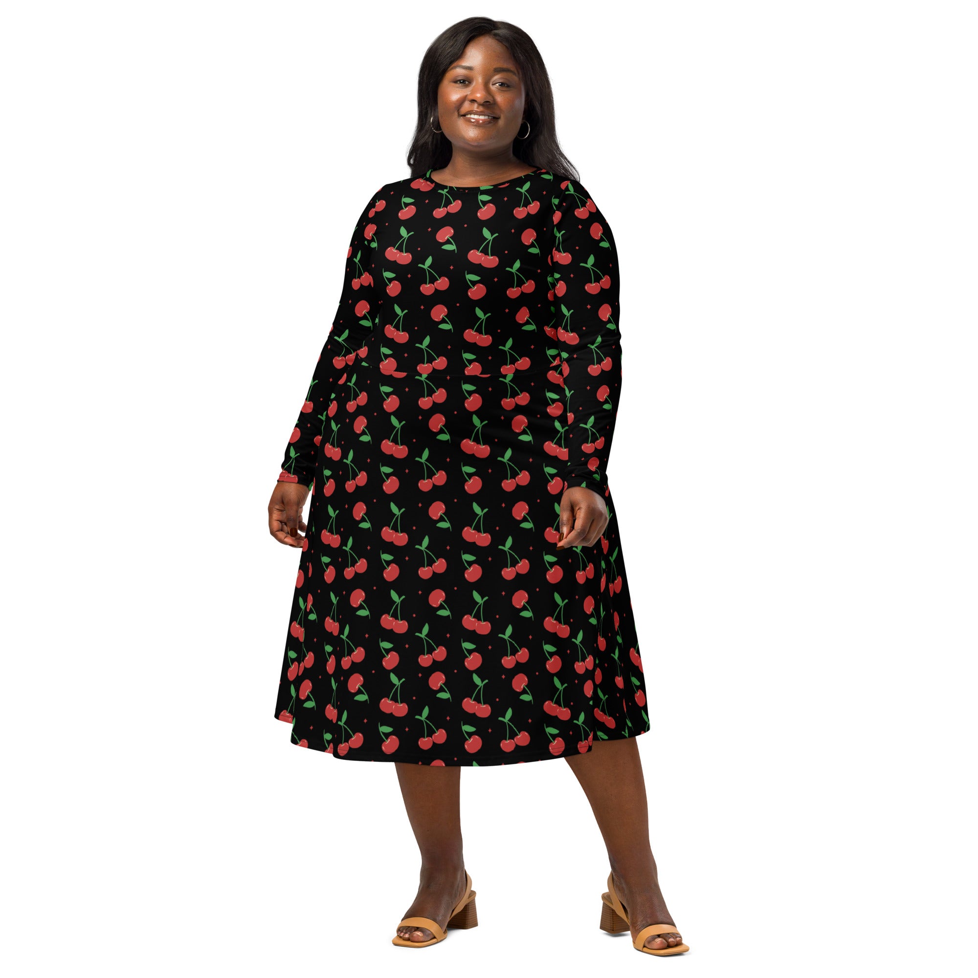 Black cherry print midi dress with long sleeves flared skirt and pockets perfect for casual and dressy occasions