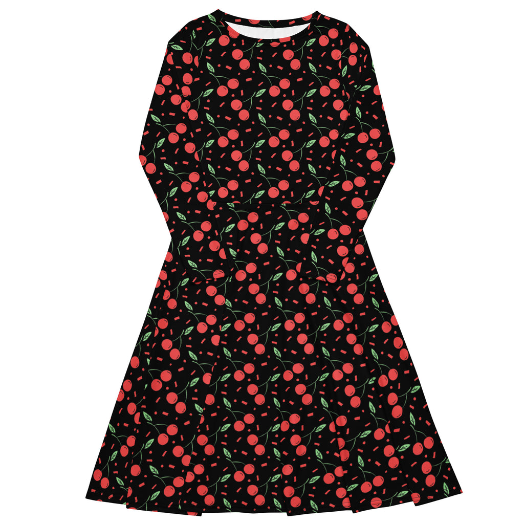 Women’s vintage cherry long sleeve midi dress with pockets featuring red cherry and green leaf print on black fabric