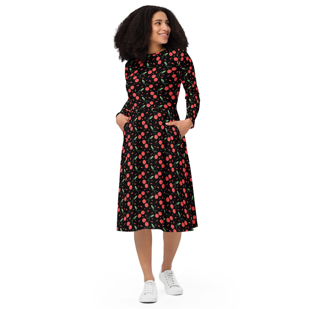 Women’s vintage black midi dress with red cherry pattern long sleeves and side pockets