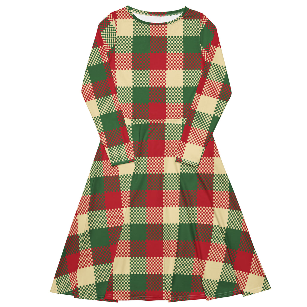 Women’s christmas plaid long sleeve midi dress with pockets featuring a festive red green and cream checkered pattern