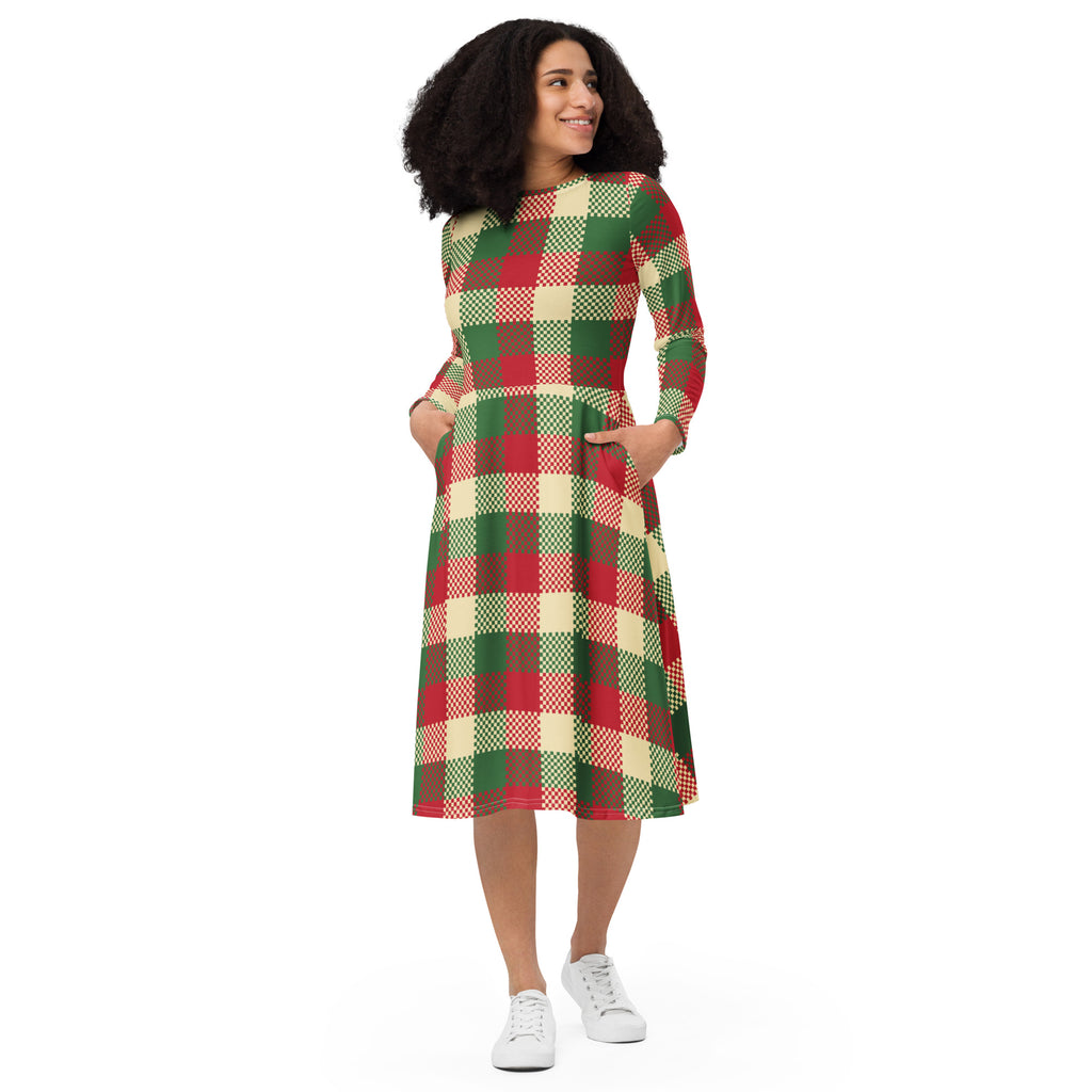 Women’s christmas plaid long sleeve midi dress with pockets in red green and cream festive checkered pattern
