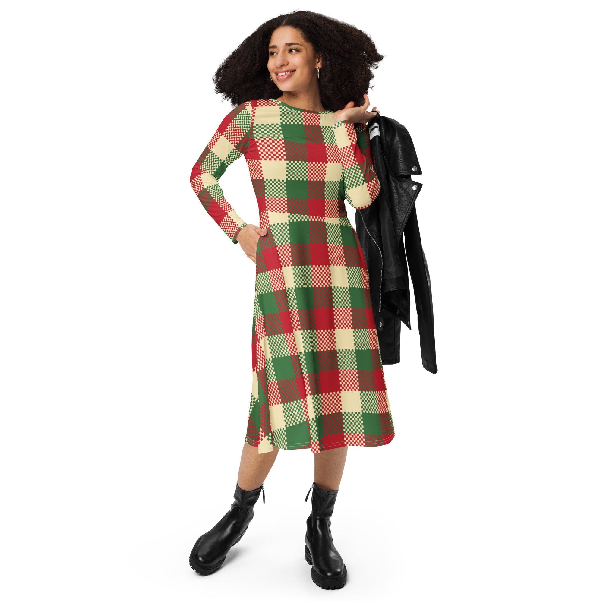 Women’s christmas plaid long sleeve midi dress with pockets in bold red green and cream festive checkered pattern