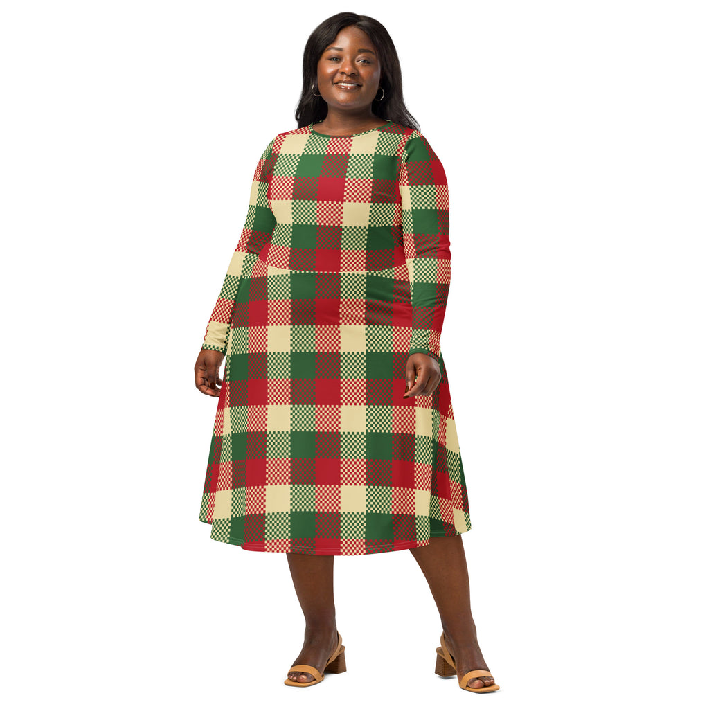A plus-size woman wears a women’s christmas plaid long sleeve midi dress with pockets in red green and cream