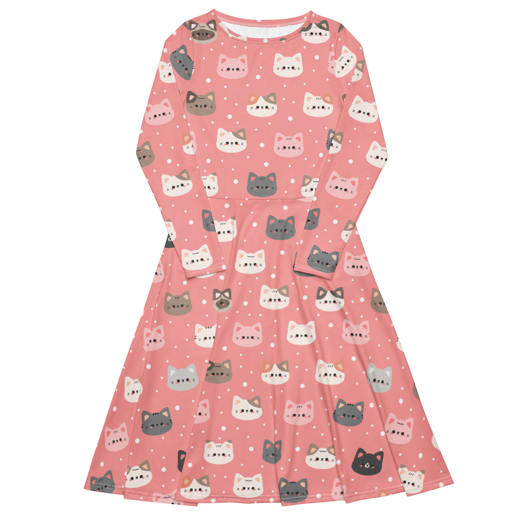 Women’s cute pink long sleeve midi dress with pockets featuring colorful cartoon cat faces and polka dot pattern
