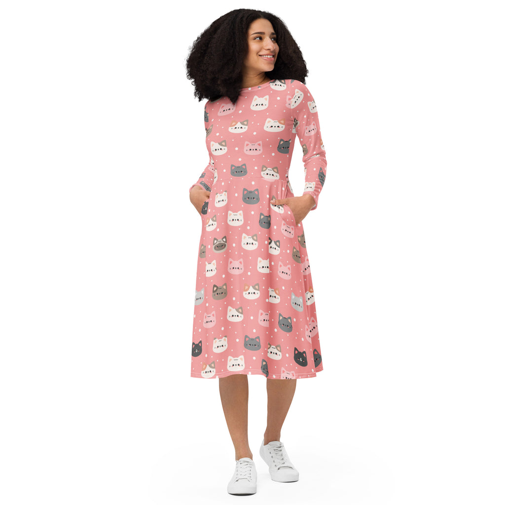 Women’s cute pink long sleeve midi dress with colorful cartoon cats and two front pockets