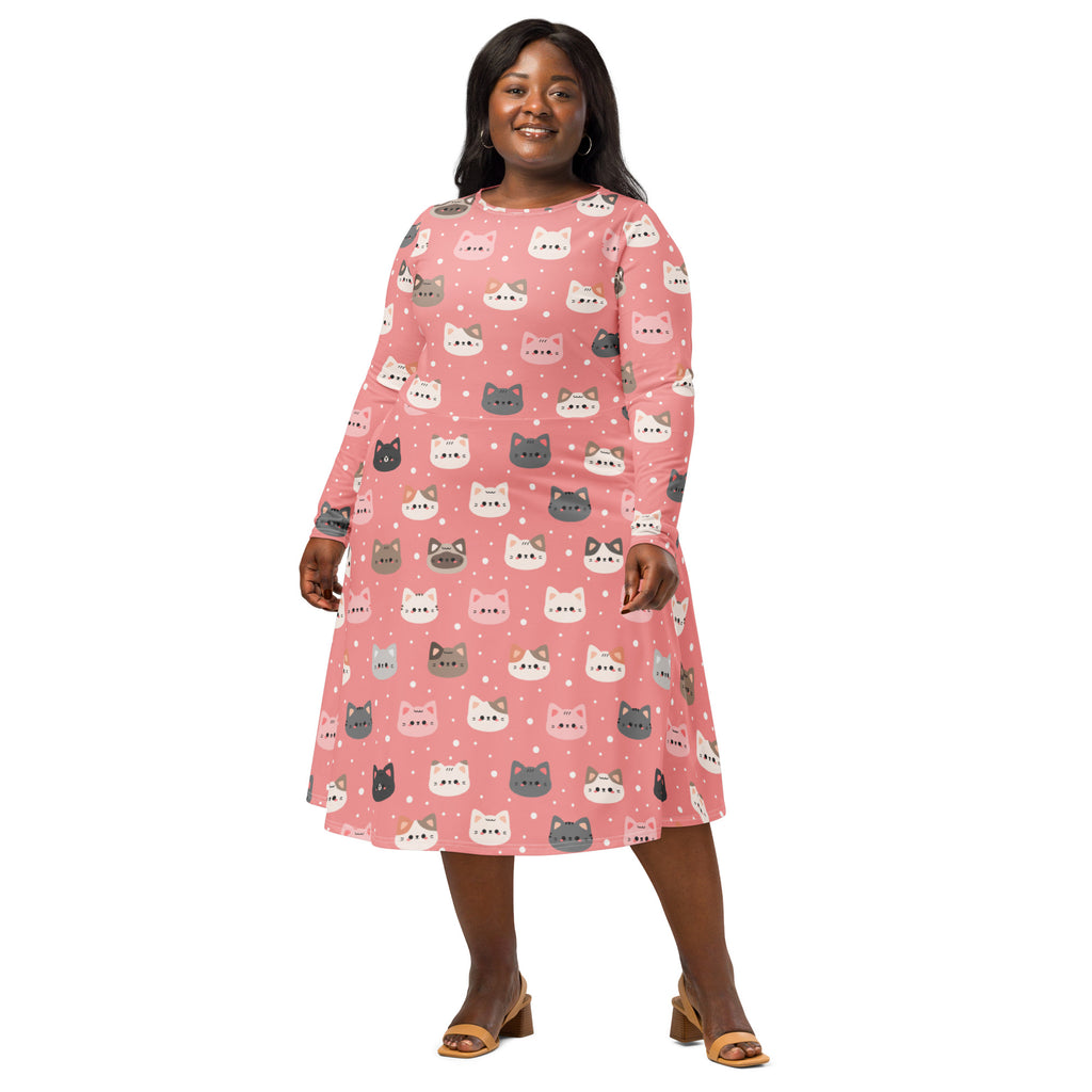Women’s cute pink long sleeve midi dress with colorful cartoon cat faces and white polka dots with pockets