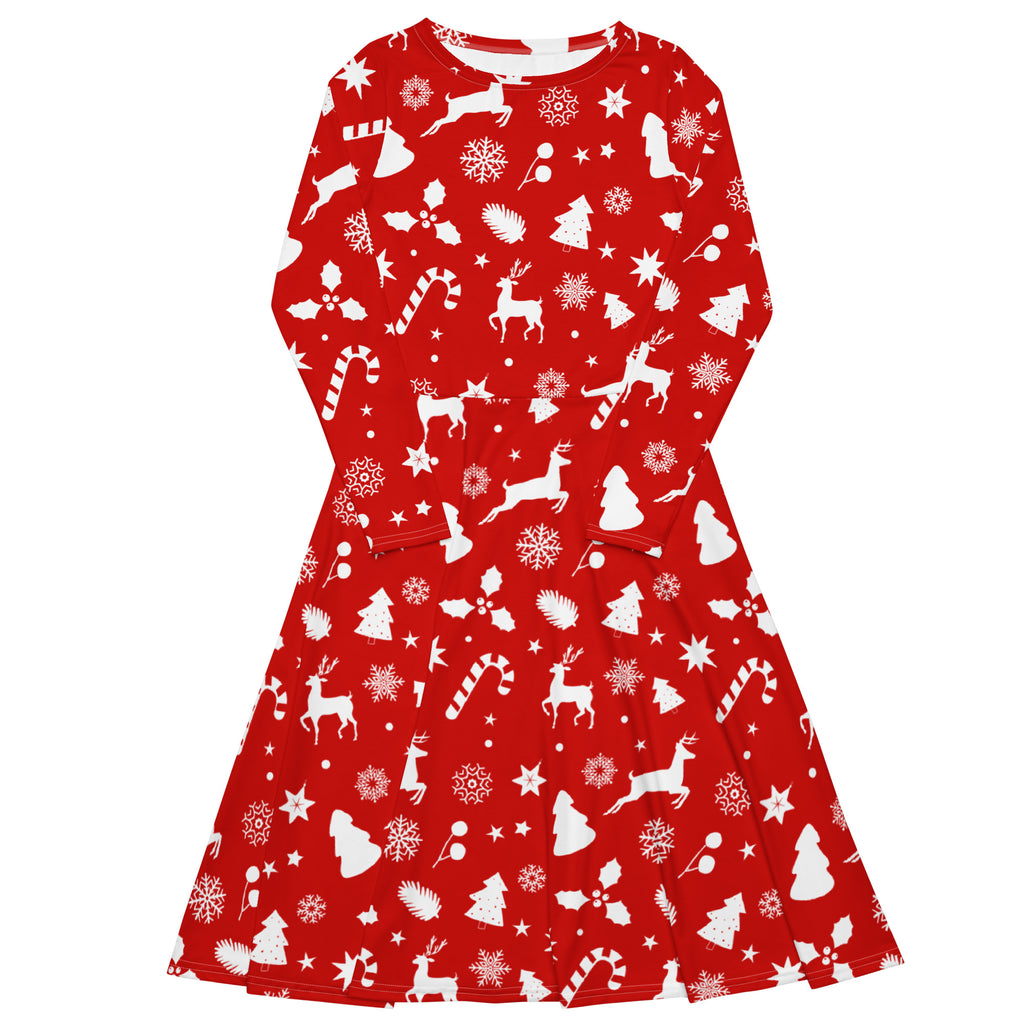 Women’s red christmas long sleeve midi dress with pockets featuring white reindeer candy canes snowflakes and trees print