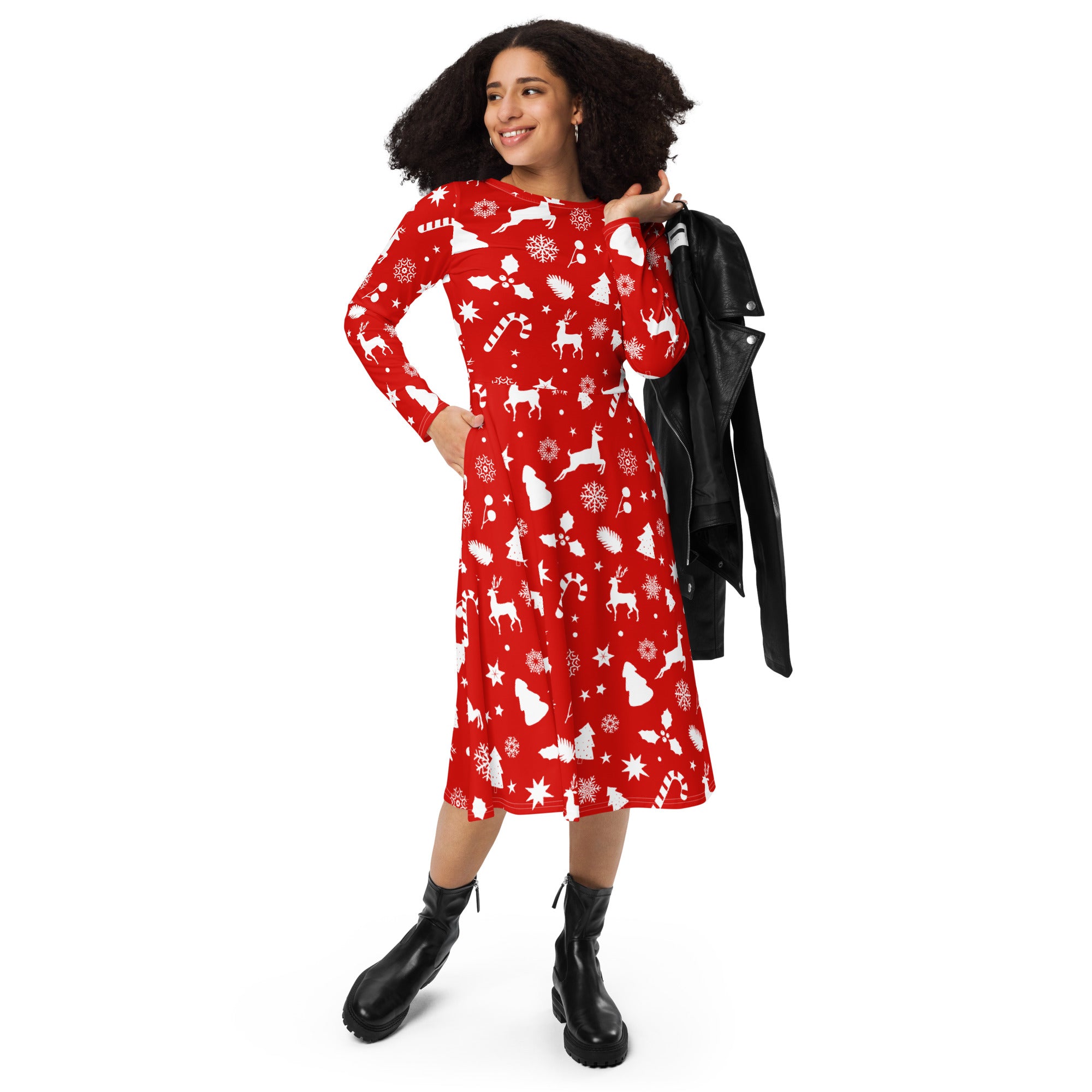 Women’s red christmas long sleeve midi dress with festive white holiday pattern and convenient pockets