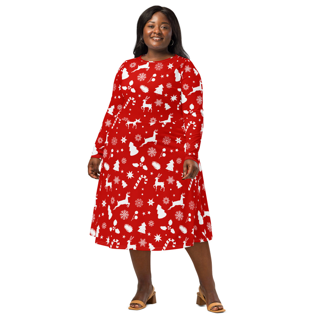 Women’s red christmas long sleeve midi dress with pockets featuring white reindeer snowflakes candy canes and trees print
