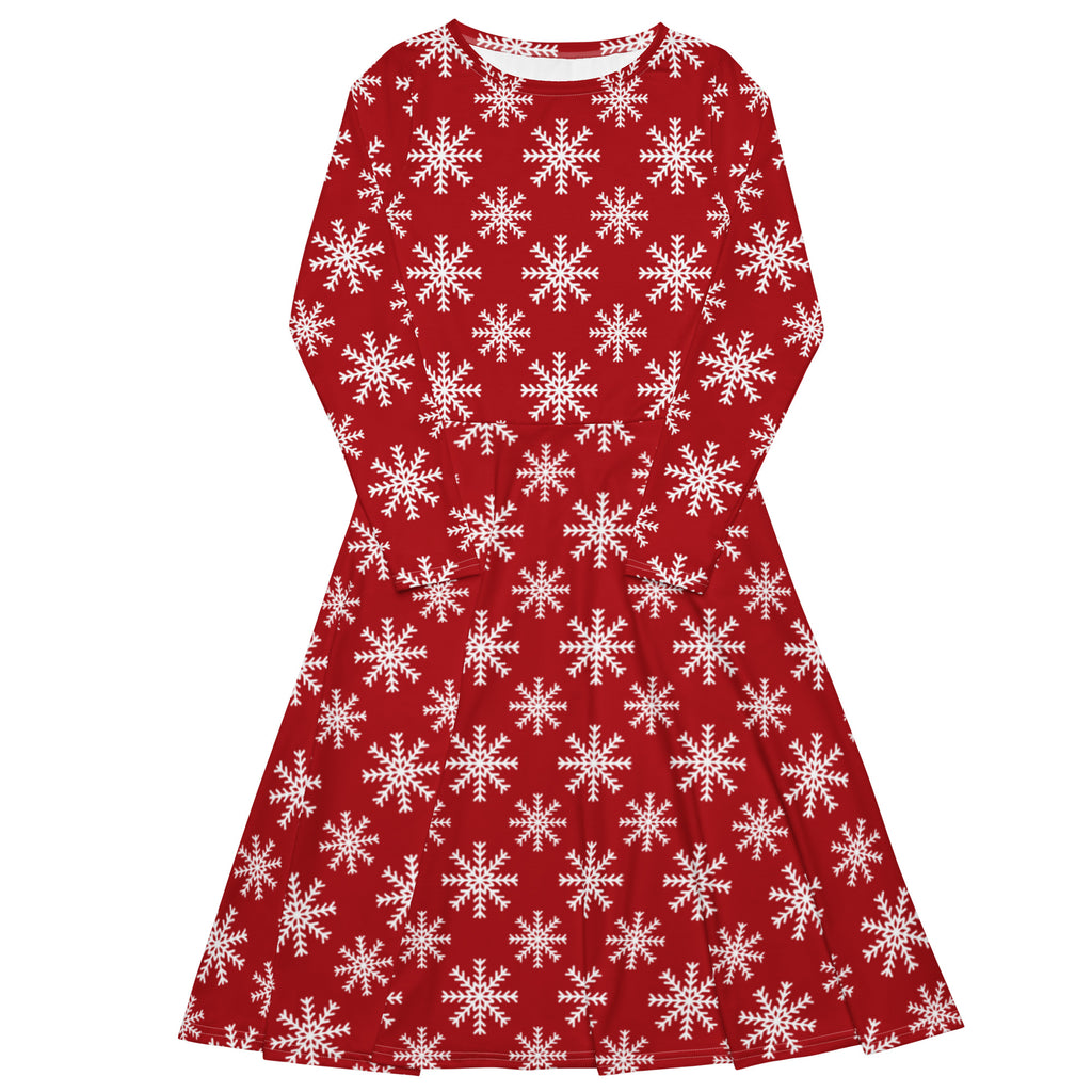 Women’s red long sleeve midi dress with flared skirt and white snowflake pattern perfect for Christmas with pockets