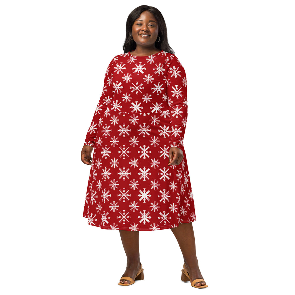 Women’s red christmas snowflake long sleeve midi dress with pockets featuring a festive flared skirt and snowflake pattern