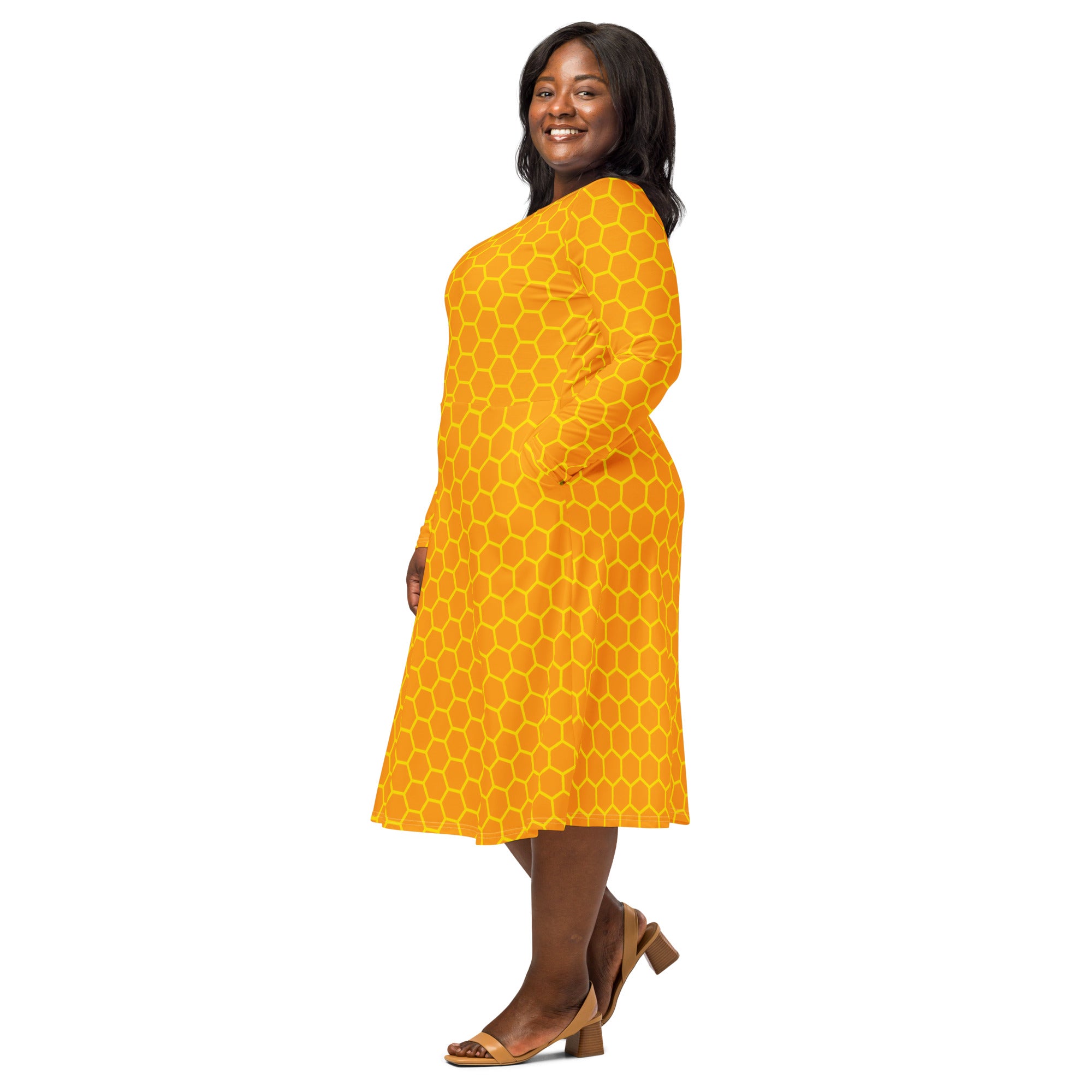 Women's Honeycomb Long Sleeve Midi Dress With Pockets