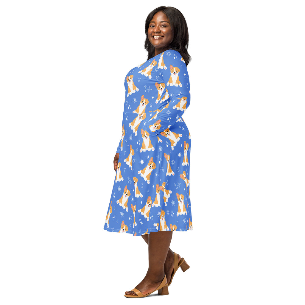 Women's Blue Corgi Dog Long Sleeve Midi Dress With Pockets