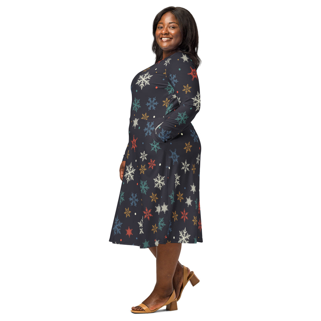 A plus-size woman wears a dark navy women’s colorful snowflake long sleeve midi dress with pockets