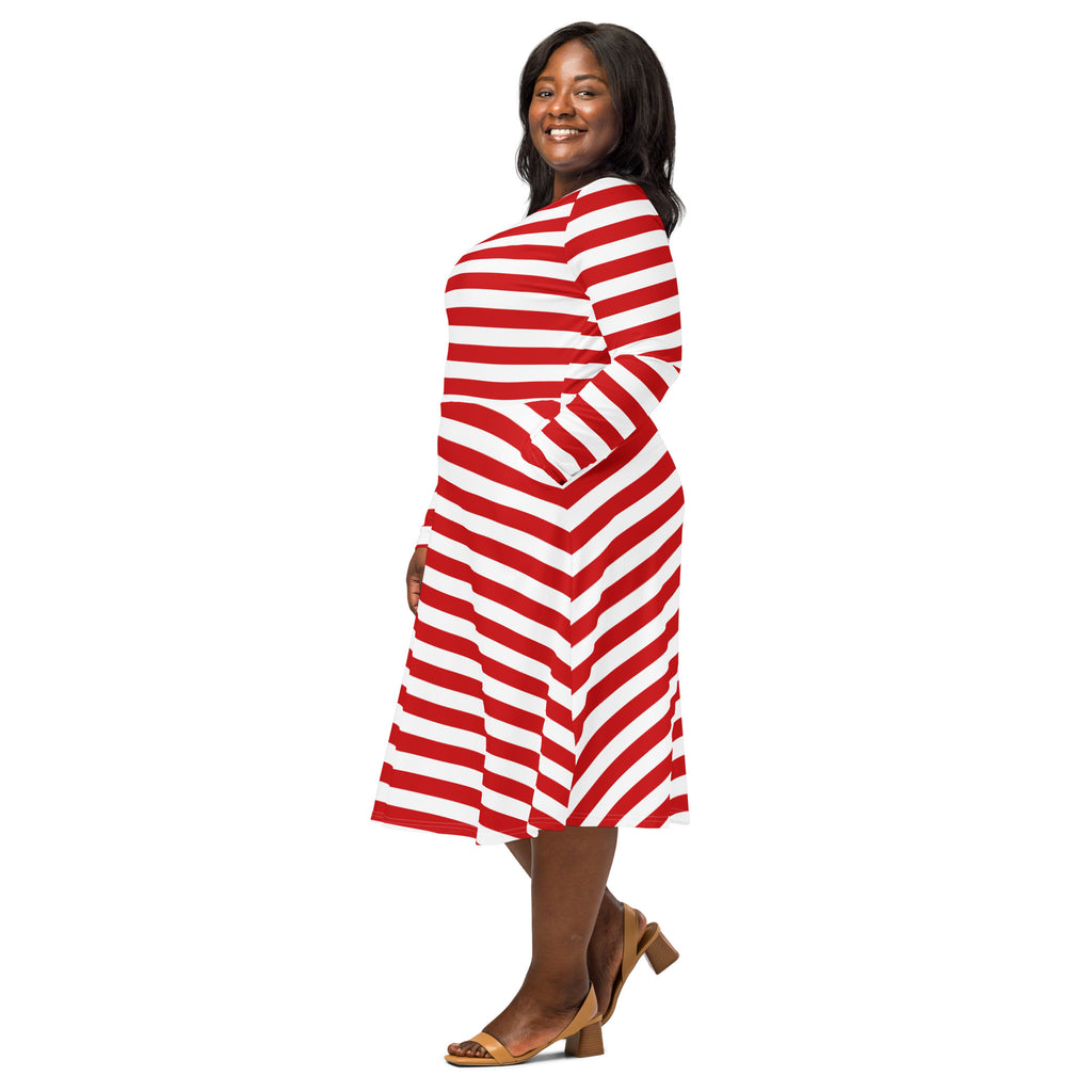 Women’s red and white striped long sleeve midi dress with pockets and a flattering fit made from soft fabric