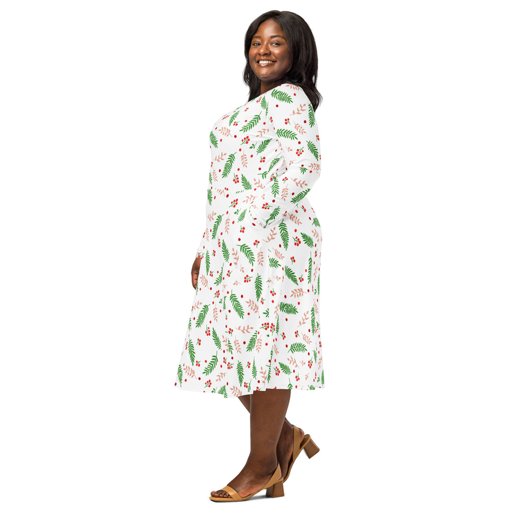 White midi dress with green fern and red berry pattern long sleeves pockets lightweight fabric for christmas wear