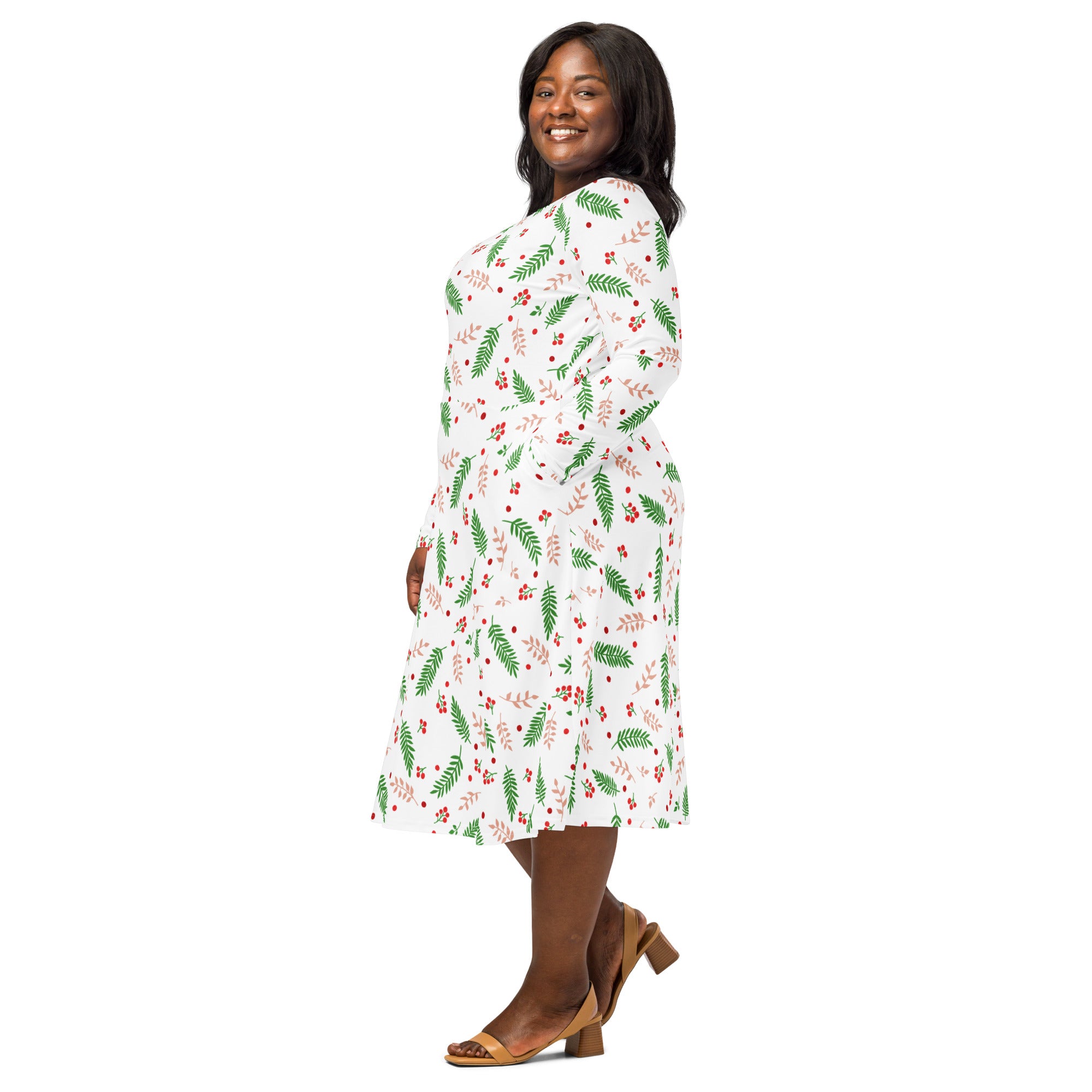 White midi dress with green fern and red berry pattern long sleeves pockets lightweight fabric for christmas wear