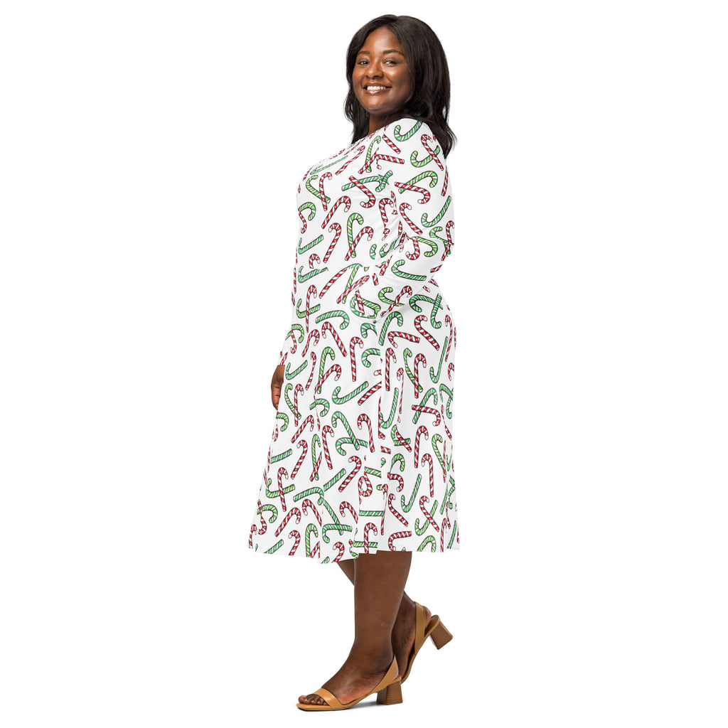 Women's Red & Green Candy Cane Christmas Long Sleeve Midi Dress With Pockets