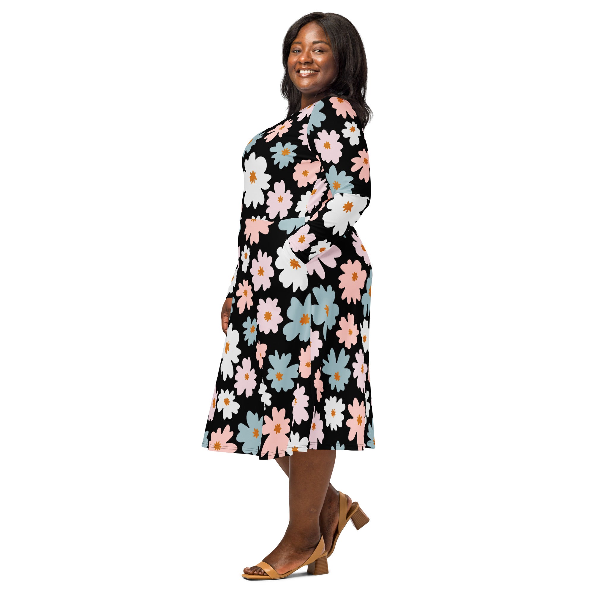Women’s retro floral long sleeve midi wrap dress in black with vibrant pink white and blue daisies with orange centers