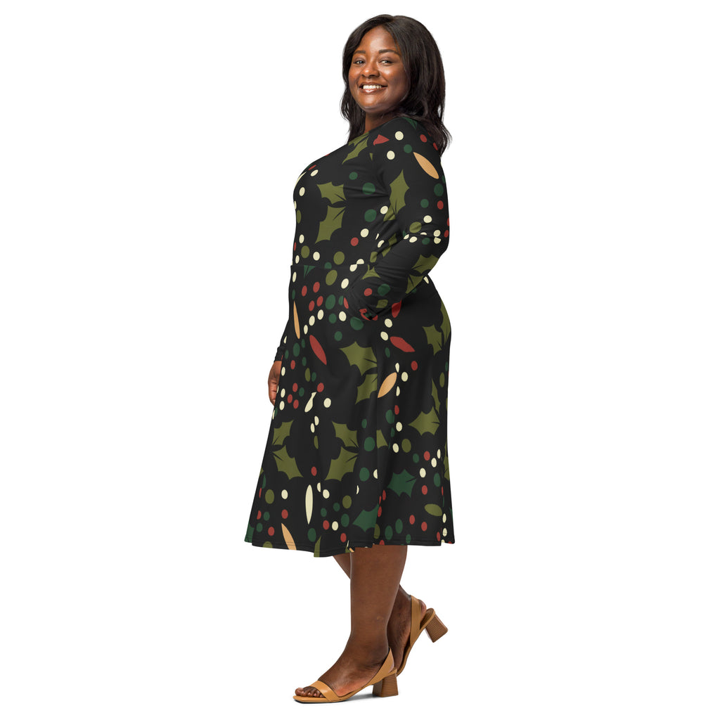 Women’s dark holly berry long sleeve midi dress with pockets featuring black fabric with green holly leaves red and white polka dots and gold leaf accents
