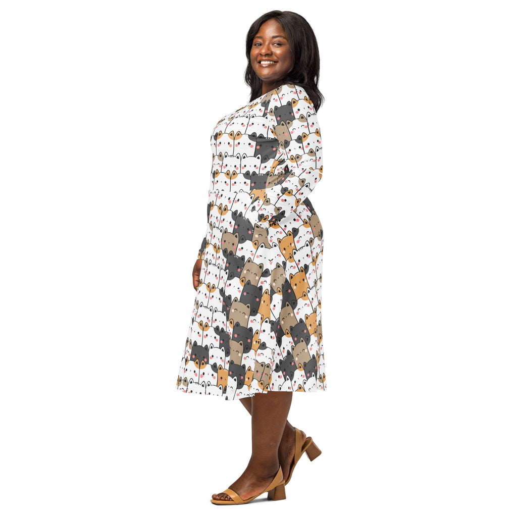 Women's Kawaii Cat Long Sleeve Midi Dress With Pockets